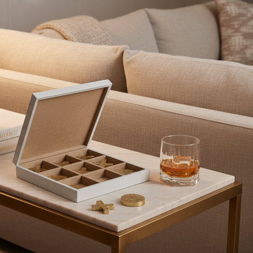 An open white textured box with a tan interior divided into compartments, holding several small gold-toned decorative pieces, with two more pieces placed outside the box on a light gray background.