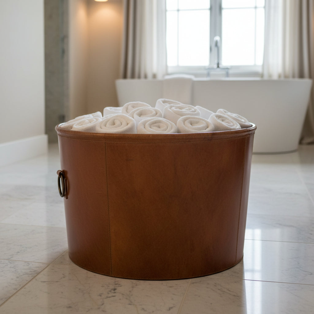 A round brown leather bucket with a side ring handle, photographed in a modern bathroom