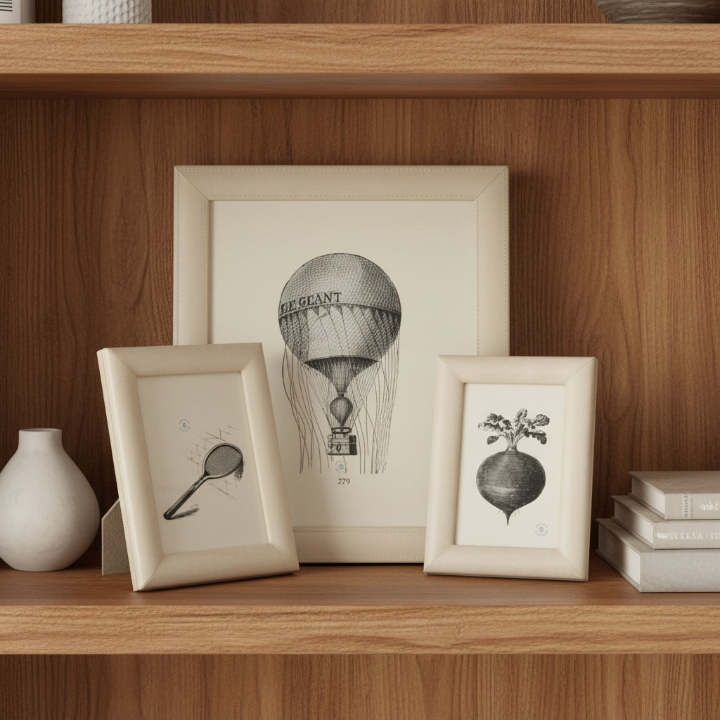 Three small framed art prints with light wood frames on a wood background. The center print is larger and shows a vintage-style hot air balloon illustration.