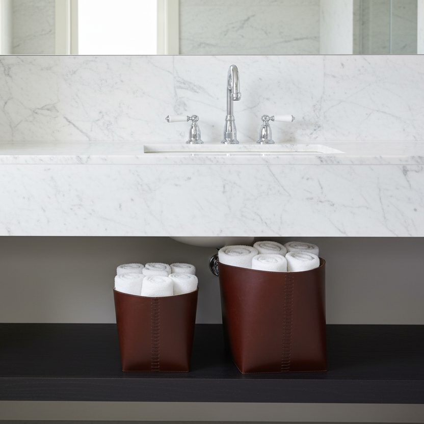 Two brown leather under-sink storage bins holding white toilet paper, placed on a dark shelf beneath a white marble bathroom vanity with a chrome faucet.