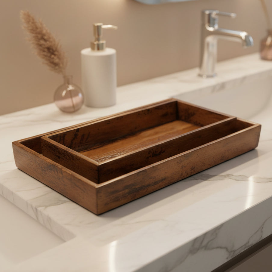 A rustic rectangular wooden tray with a raised center divider, shown on a plain light gray background.