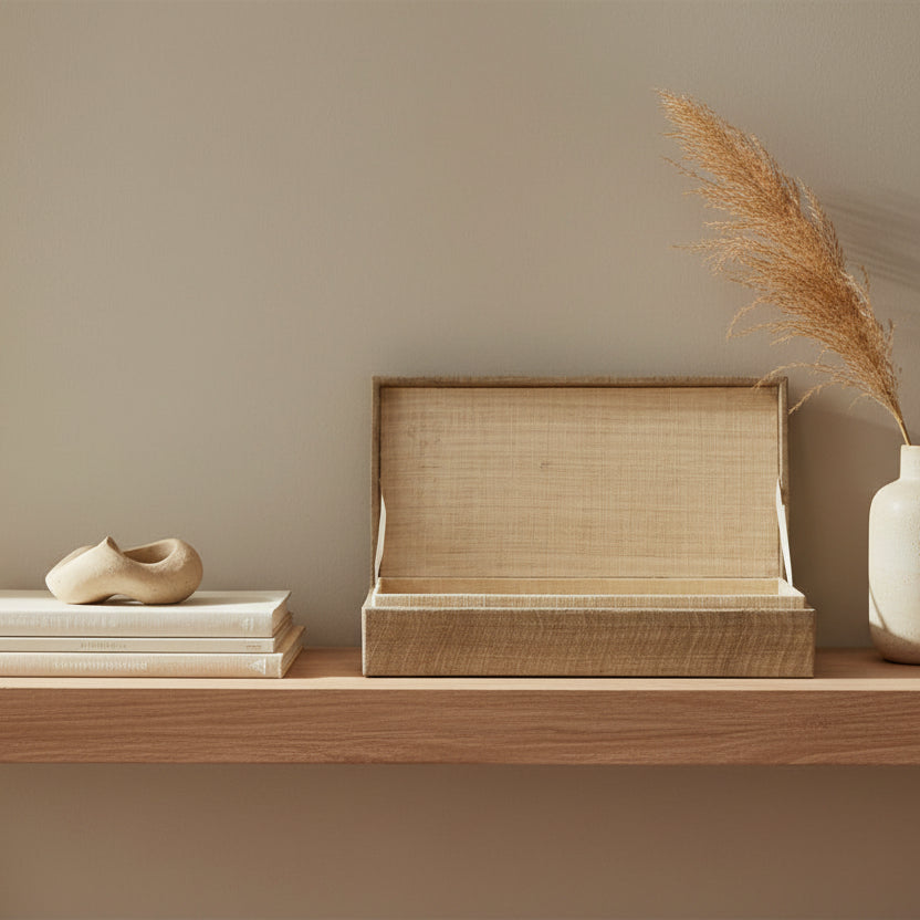 An open rectangular wooden box with a woven natural fiber lining, shown on a wood shelf with other decor.