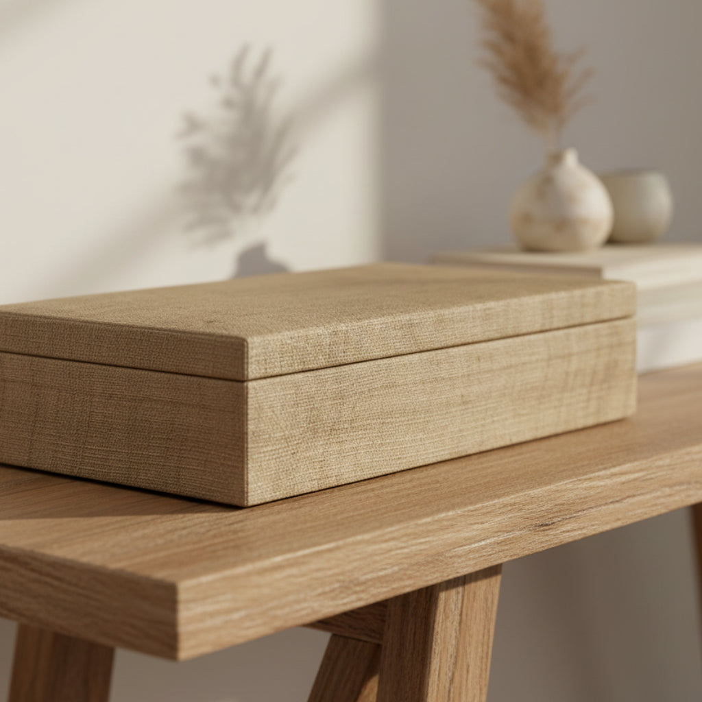 A rectangular storage box with a textured linen or burlap-style cover, shown closed against a white wall on a wood console table.
