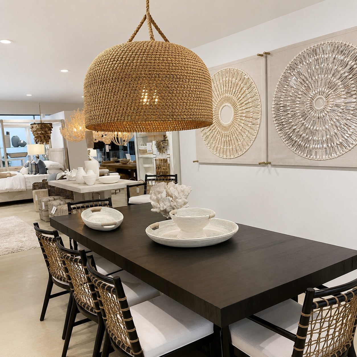 A large woven dome pendant light hangs over a dark wood dining table with woven-back chairs in a bright, modern dining room. The room features white walls with large circular woven wall art and a visible showroom in the background.