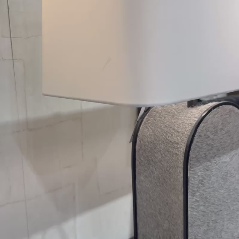 gray hide and black trim table lamp with a white rectangular shade