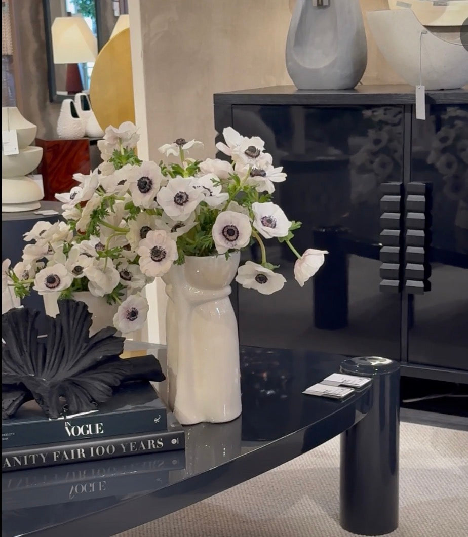 Video of Rollo Ottomans, Maud Vase (white with flowers) and Black Matte Luca Sculpture on Table