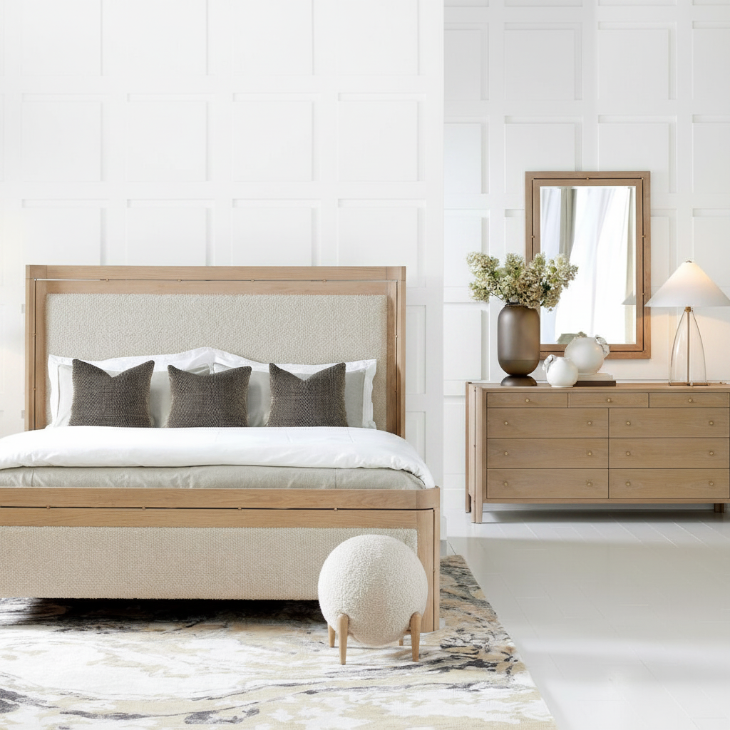 Modern bedroom with wooden bed, dresser, and mirror.