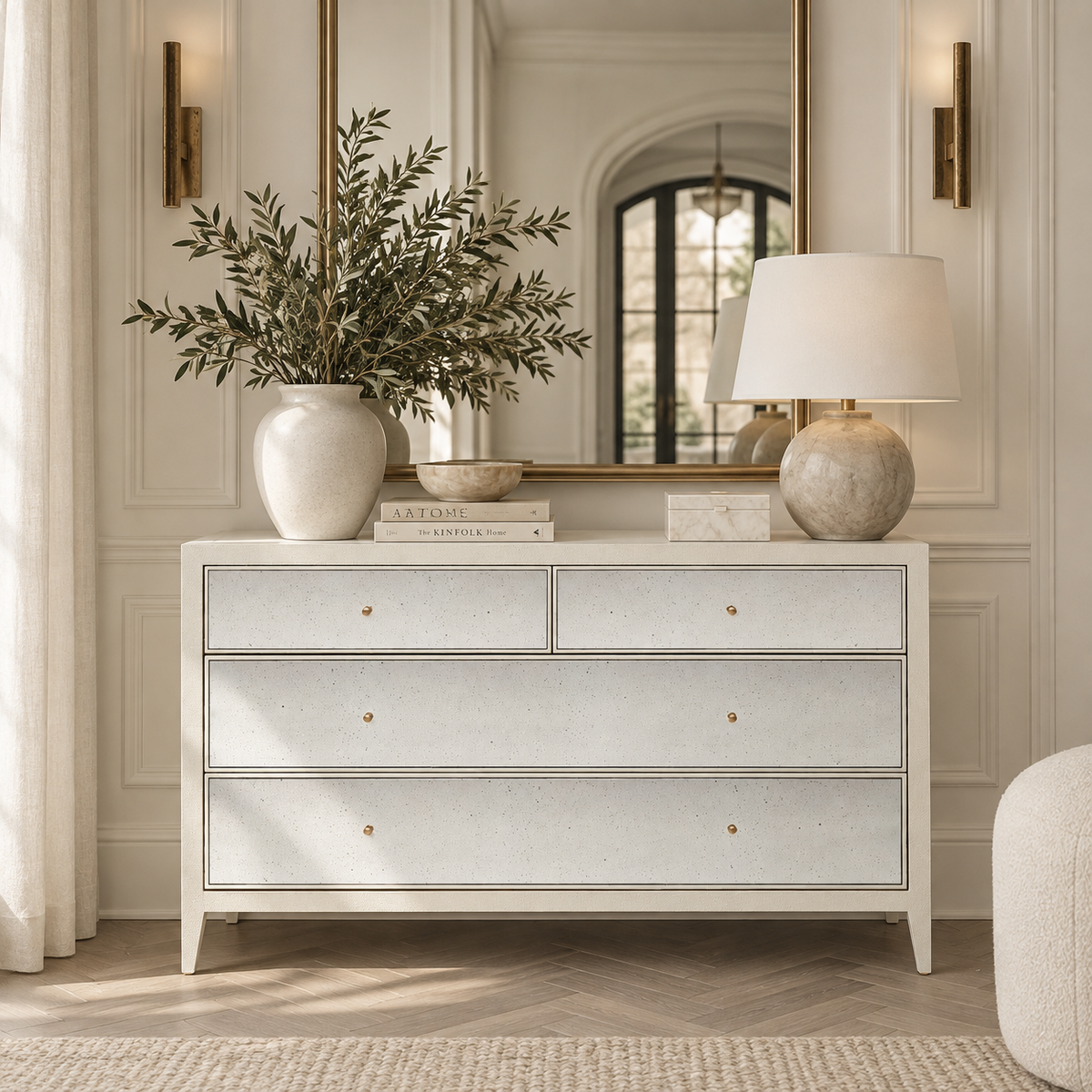 pristine faux shagreen framed 48" dresser with antiqued mirror drawers