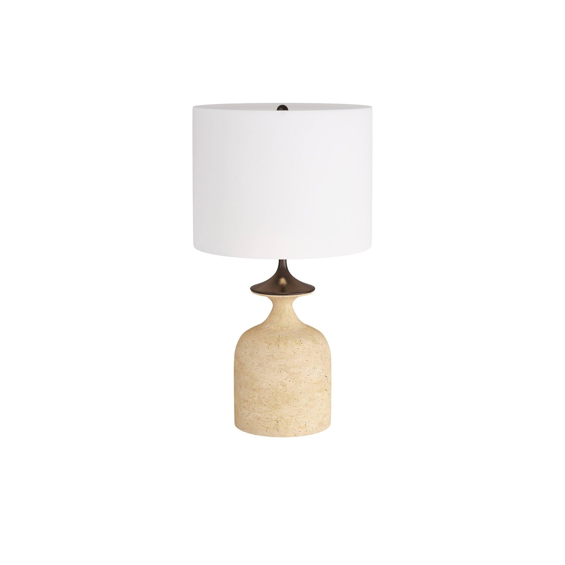 Table lamp with a textured beige base and white shade on a white background