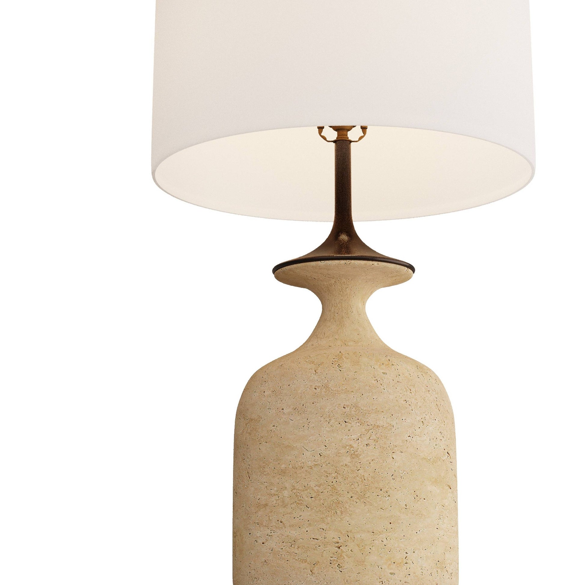 Table lamp with beige base and white shade on a white background
