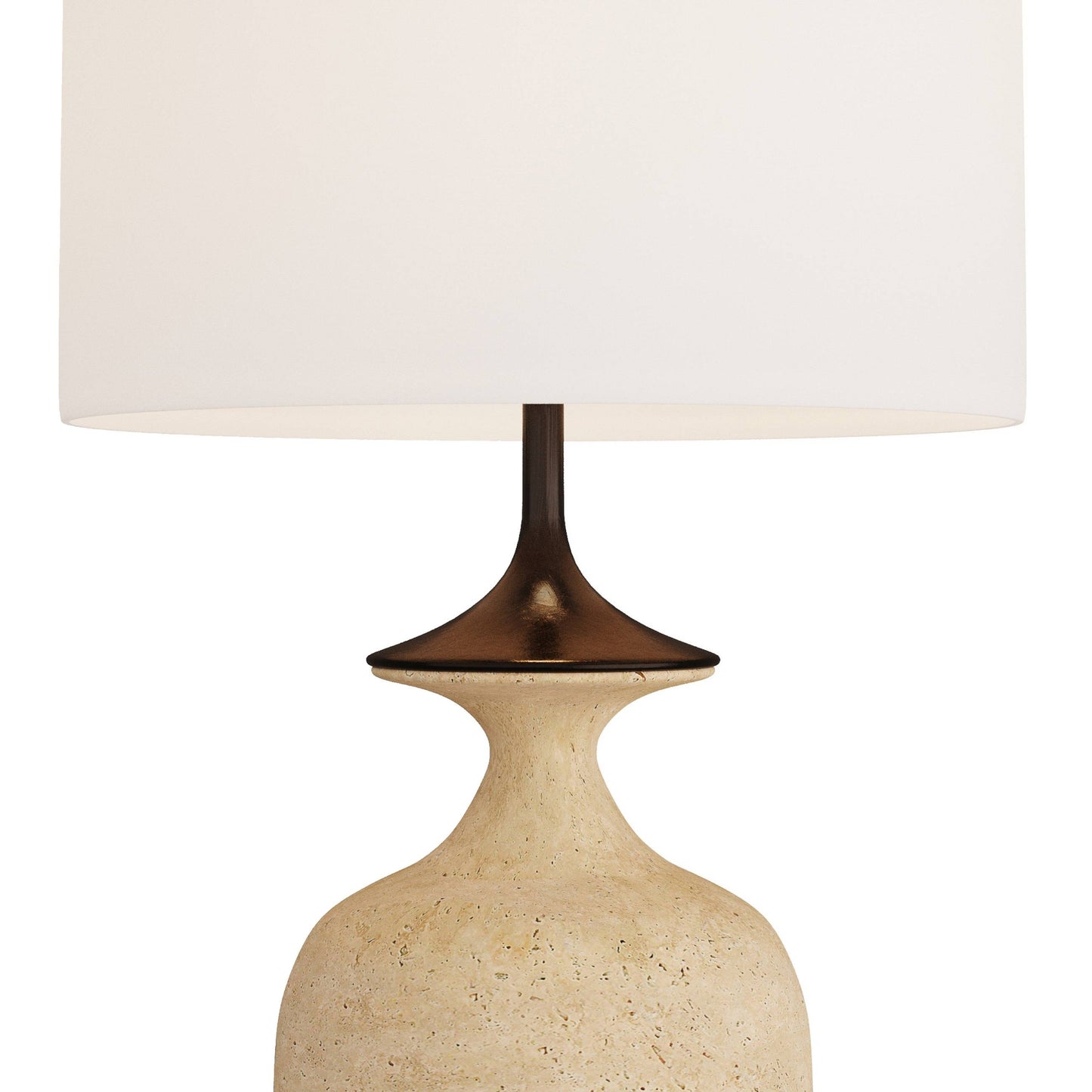 Table lamp with a beige base and white shade on a white background