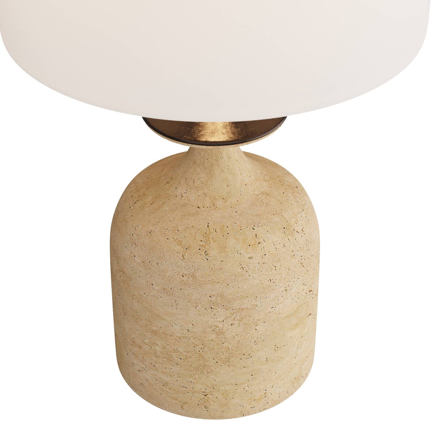 Beige ceramic table lamp with a white lampshade on a white background