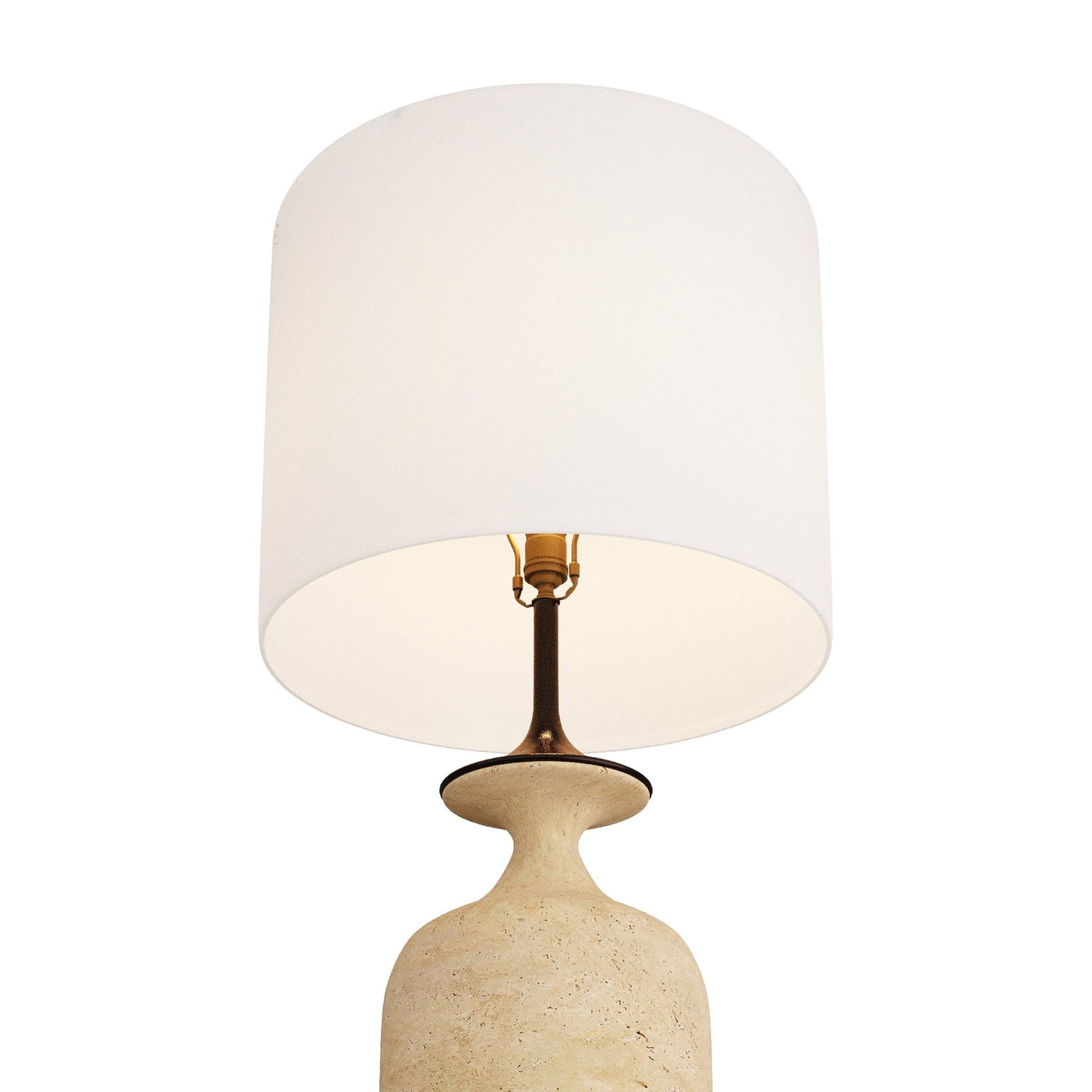 Table lamp with a white shade and beige base on a white background