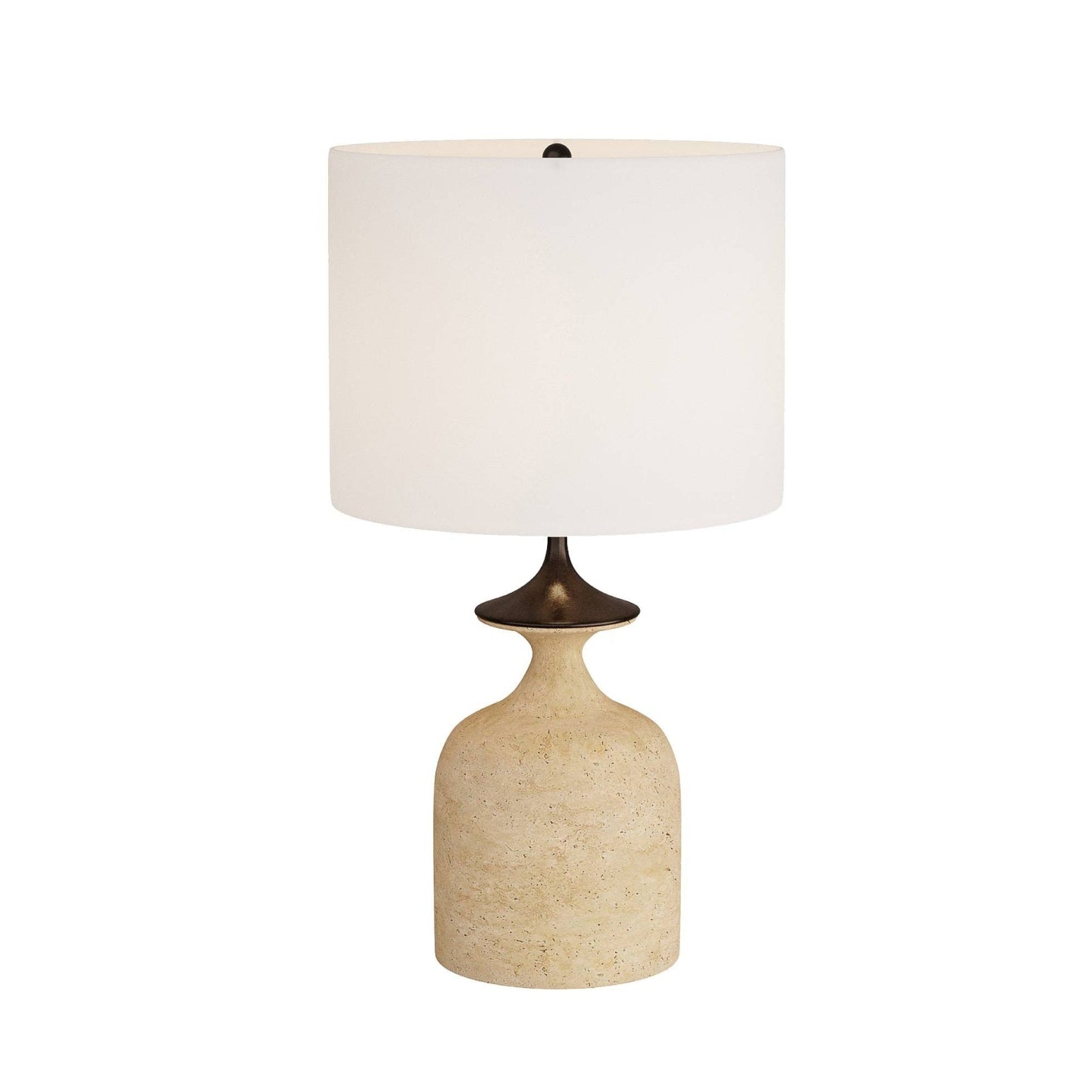 Table lamp with a beige ceramic base and white shade on a white background