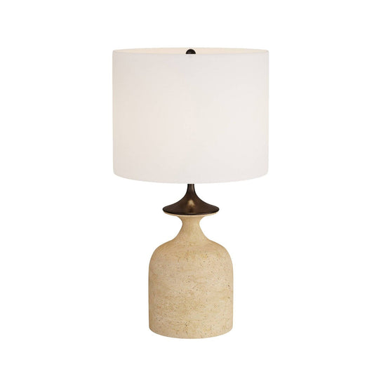 Table lamp with a beige ceramic base and white shade on a white background