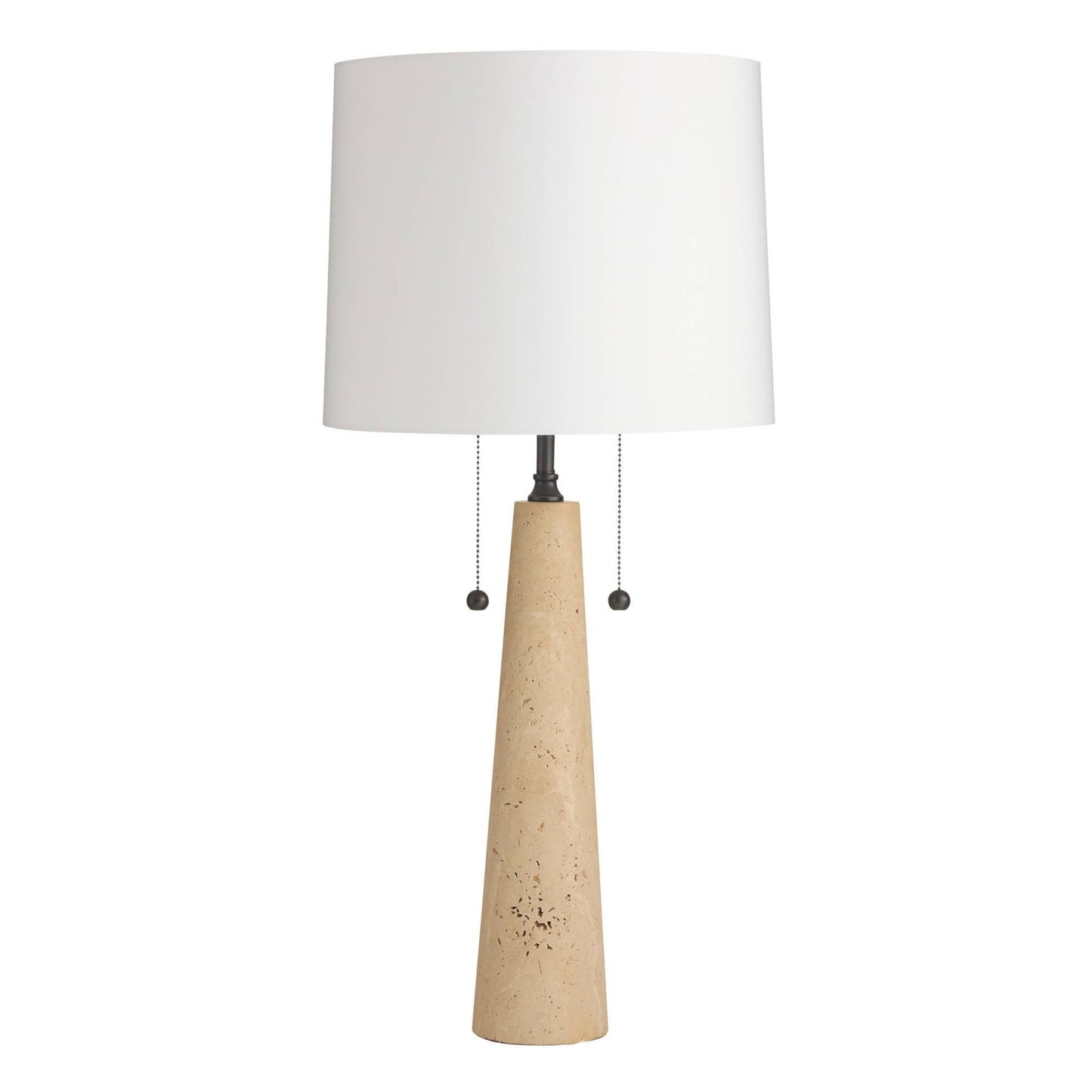 Table lamp with a beige ceramic base and white shade on a white background