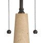 A close-up of a modern pendant light fixture showing a tapered beige travertine stone shade, a dark bronze metal canopy, and two matching dark pull chains with spherical weights on a white background.