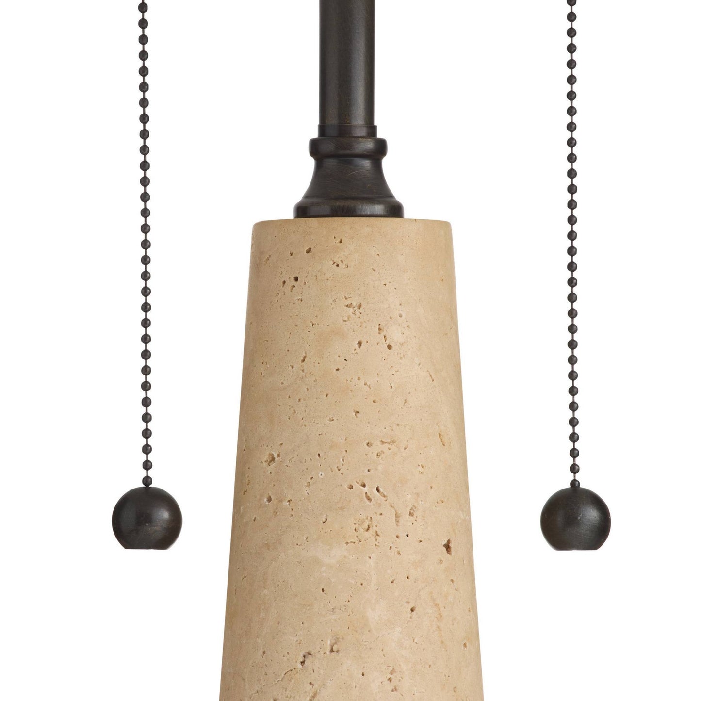 A close-up of a modern pendant light fixture showing a tapered beige travertine stone shade, a dark bronze metal canopy, and two matching dark pull chains with spherical weights on a white background.