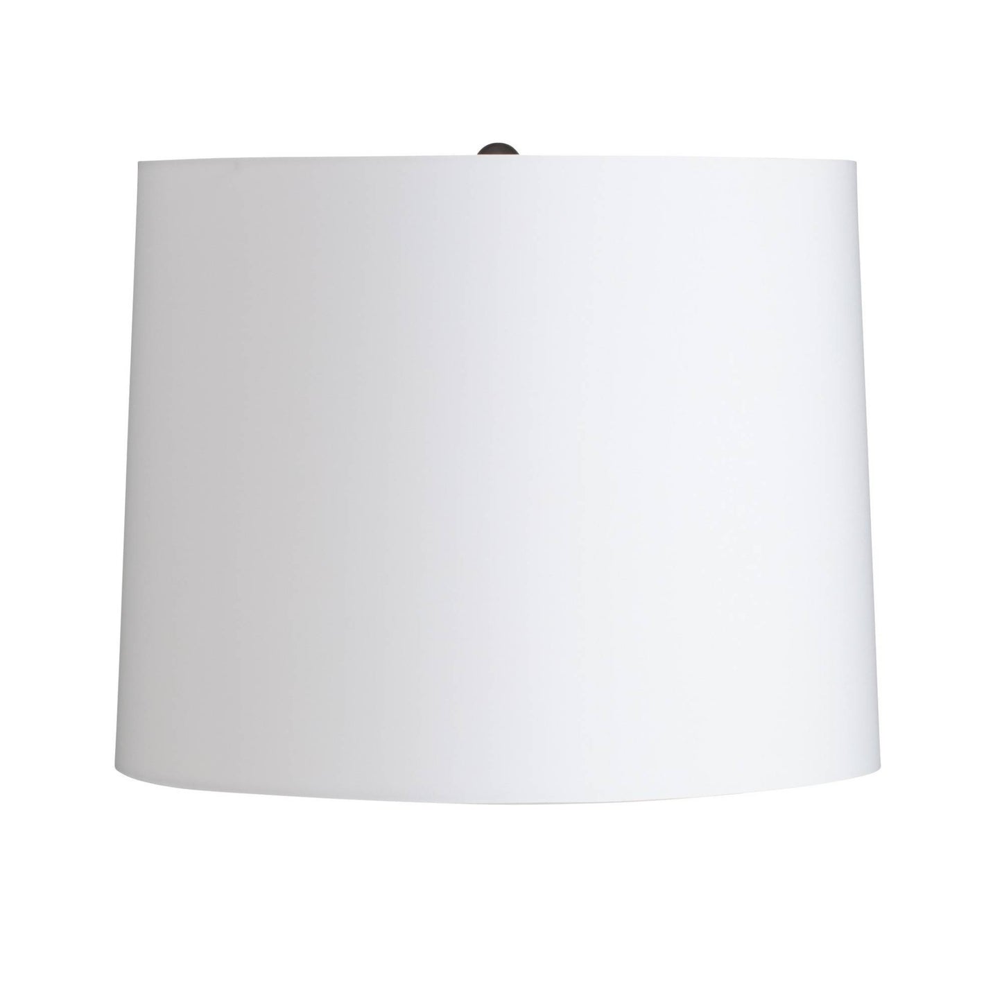 A white fabric drum lampshade with a small dark metal finial at the top, shown against a solid white background.