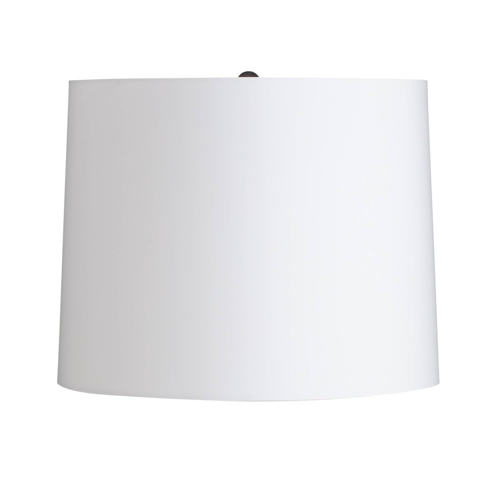 A white fabric drum lampshade with a small dark metal finial at the top, shown against a solid white background.
