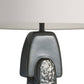 Close-up of a textured lamp base with a white shade on a light gray background