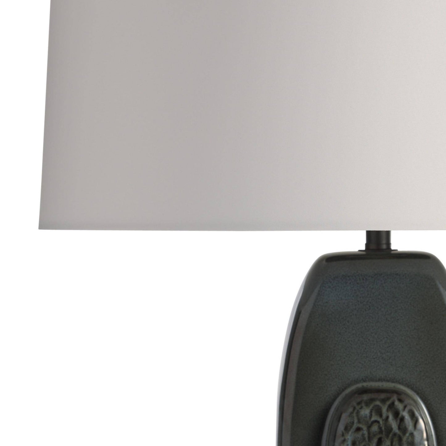 Table lamp with a gray shade and black base on a white background