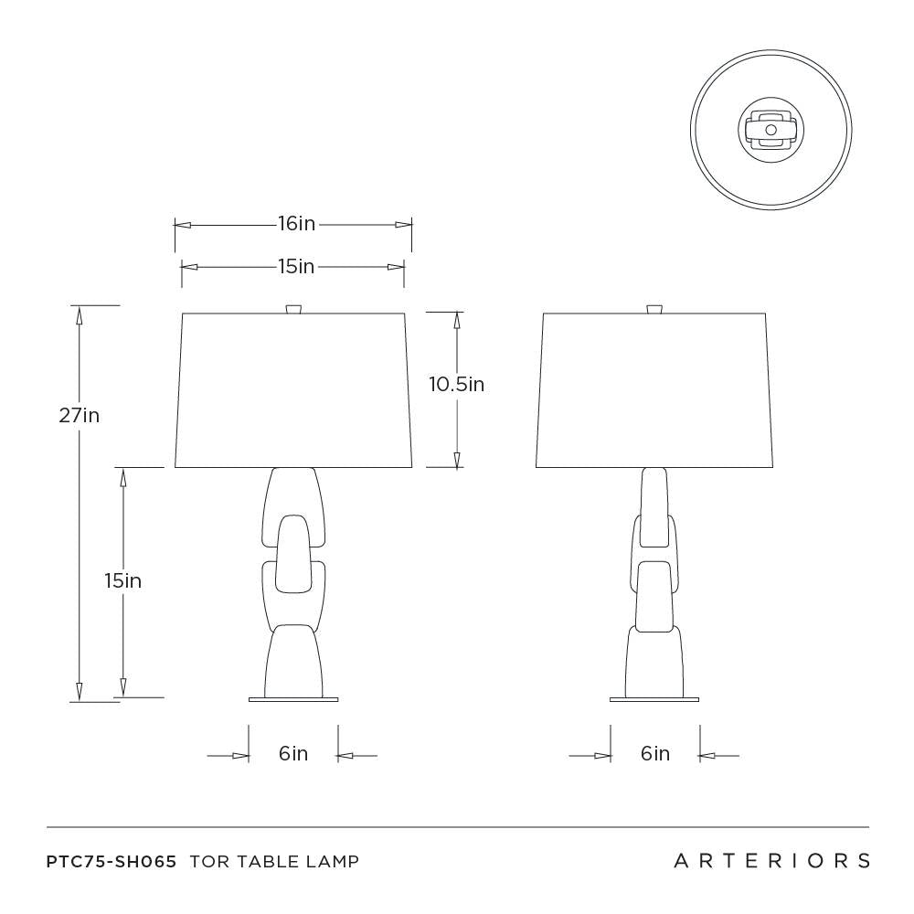 Technical drawing of a table lamp with dimensions labeled