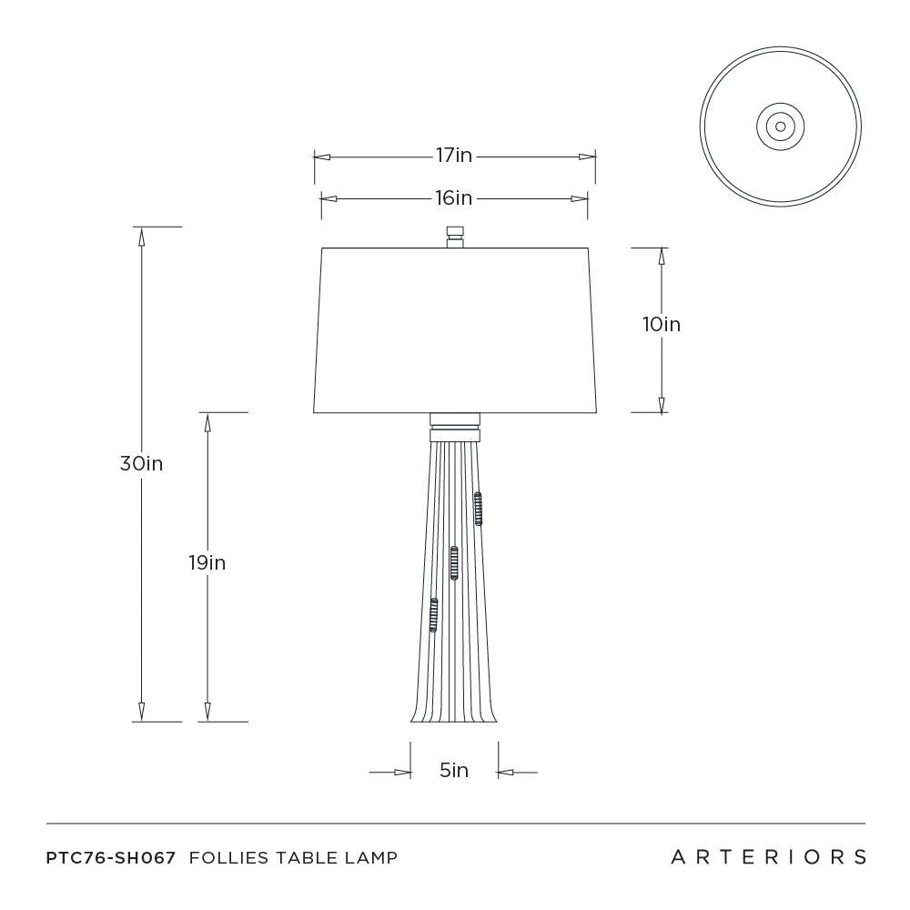 Technical drawing of a table lamp with dimensions and Arteriors branding.