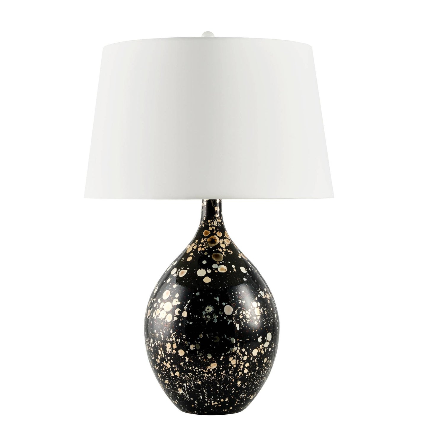 Table lamp with black base featuring gold speckles and white shade on a white background