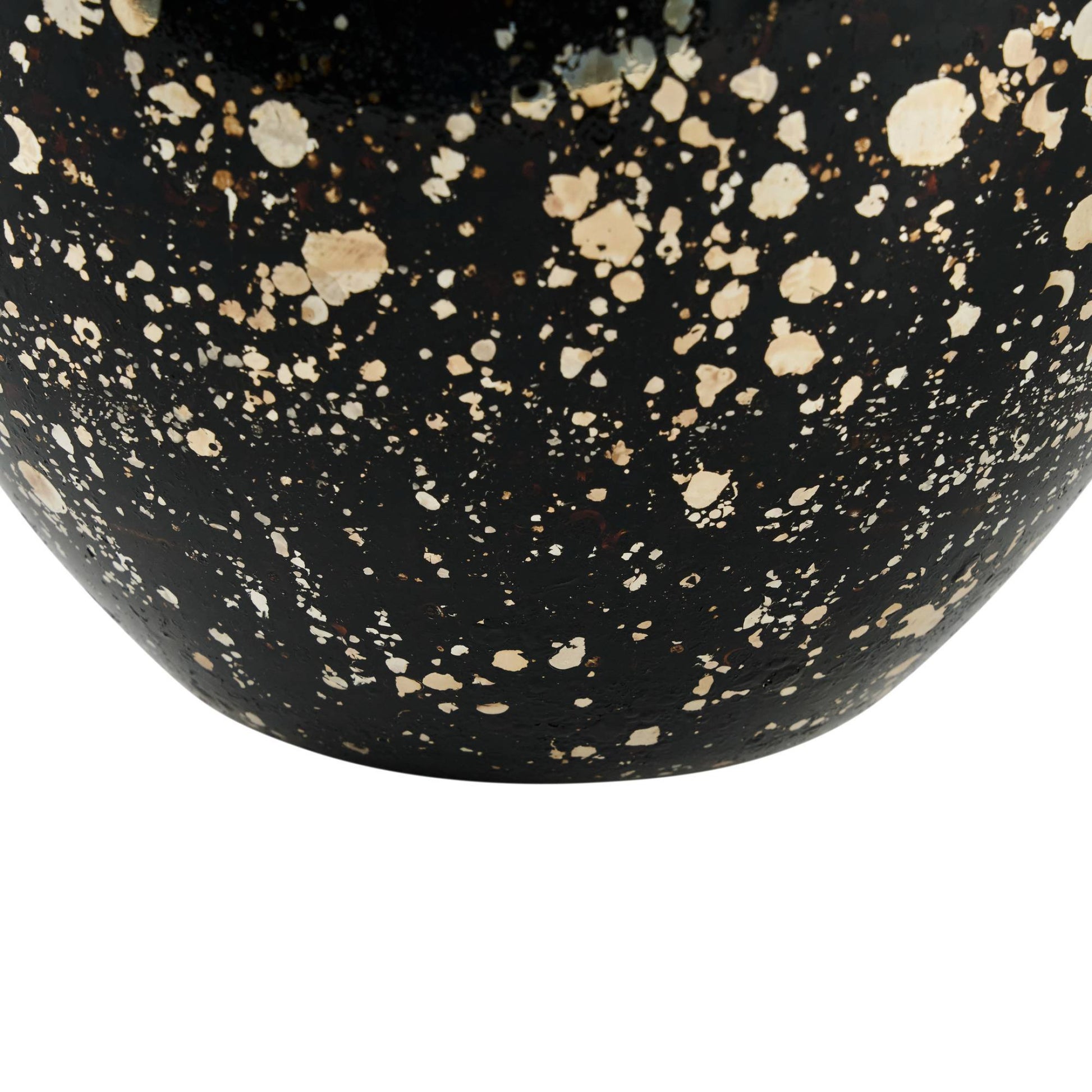 Black ceramic vase with white speckles on a white background