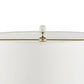 Close-up of a lamp with a white shade and gold accent on a white background