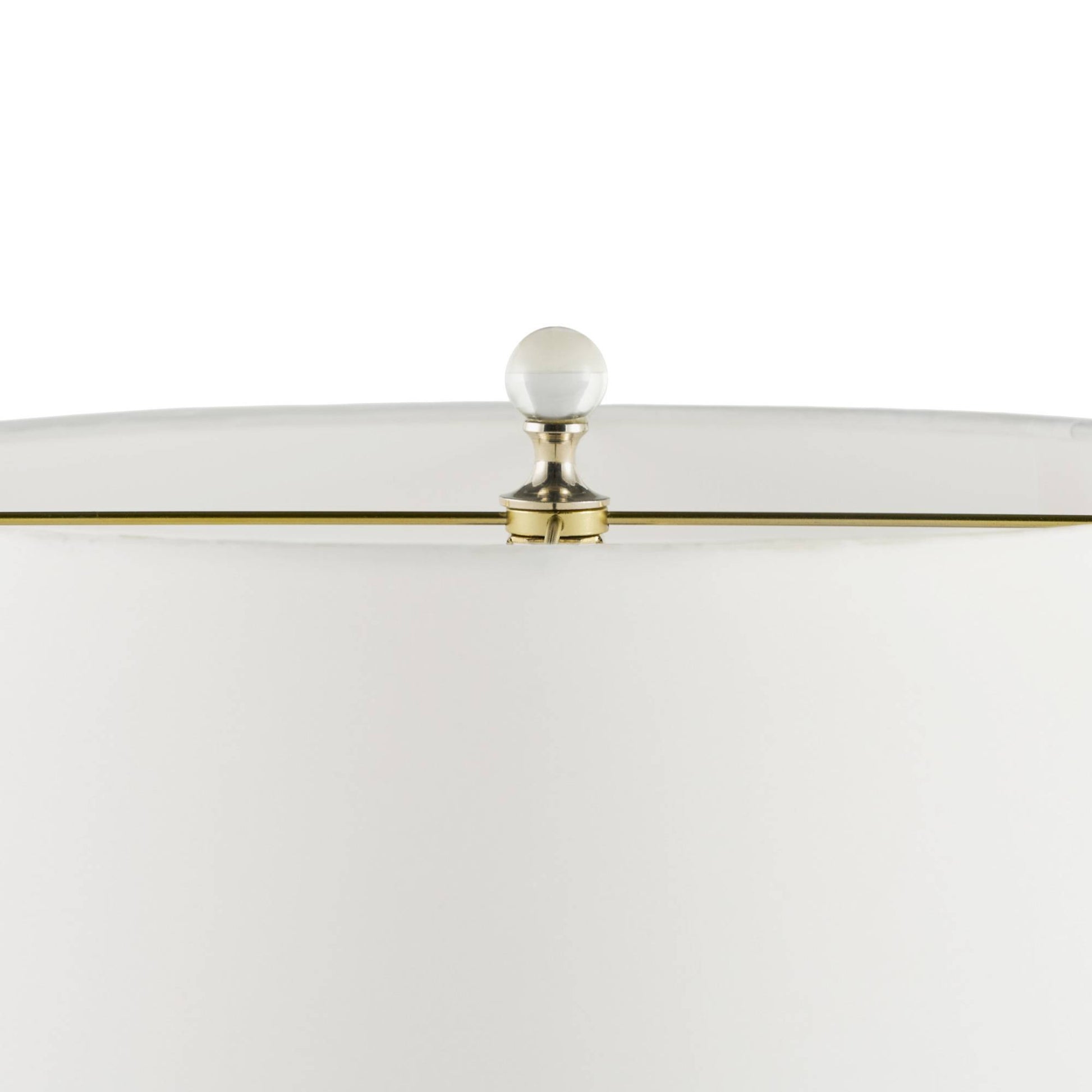 Close-up of a lamp with a white shade and gold accent on a white background