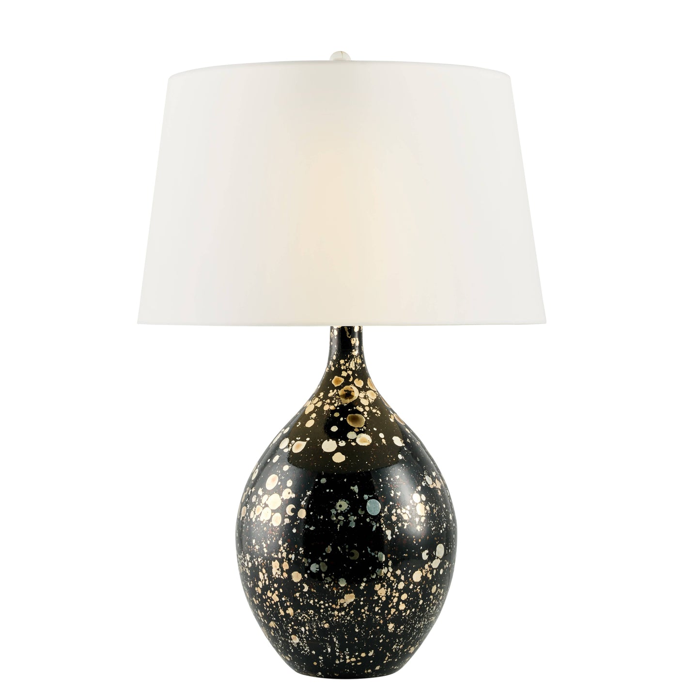 Decorative table lamp with black base and white shade on a white background
