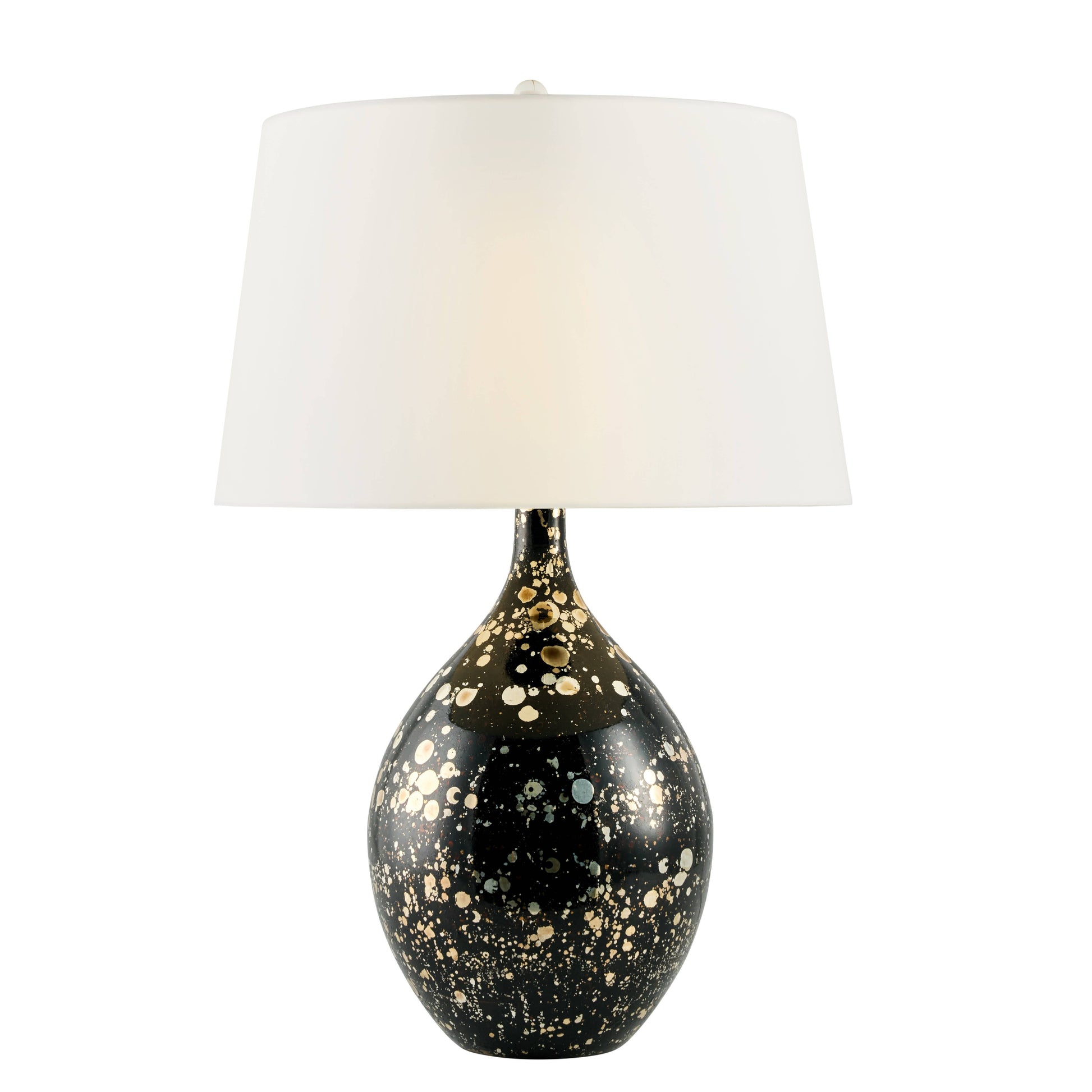Decorative table lamp with black base and white shade on a white background