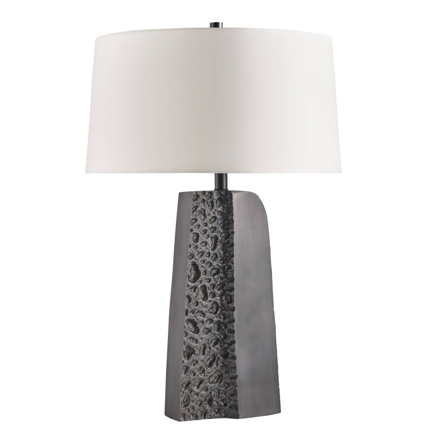 Table lamp with textured gray base and white shade on a white background