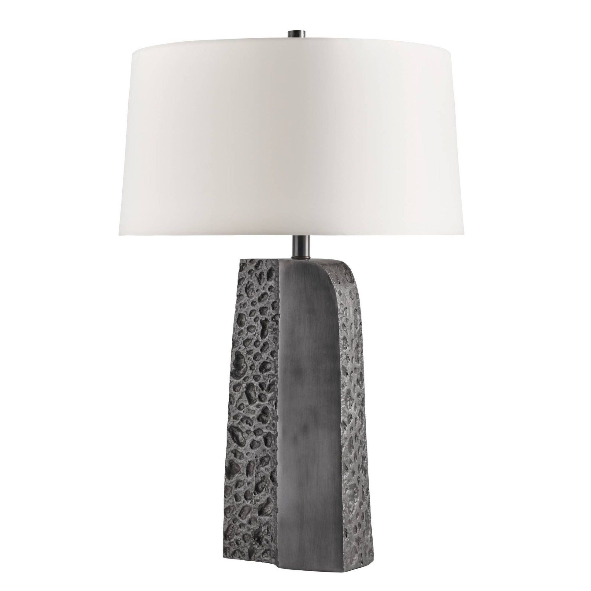 A modern table lamp with a textured dark gray stone base and a large white drum shade, shown against a plain white background.
