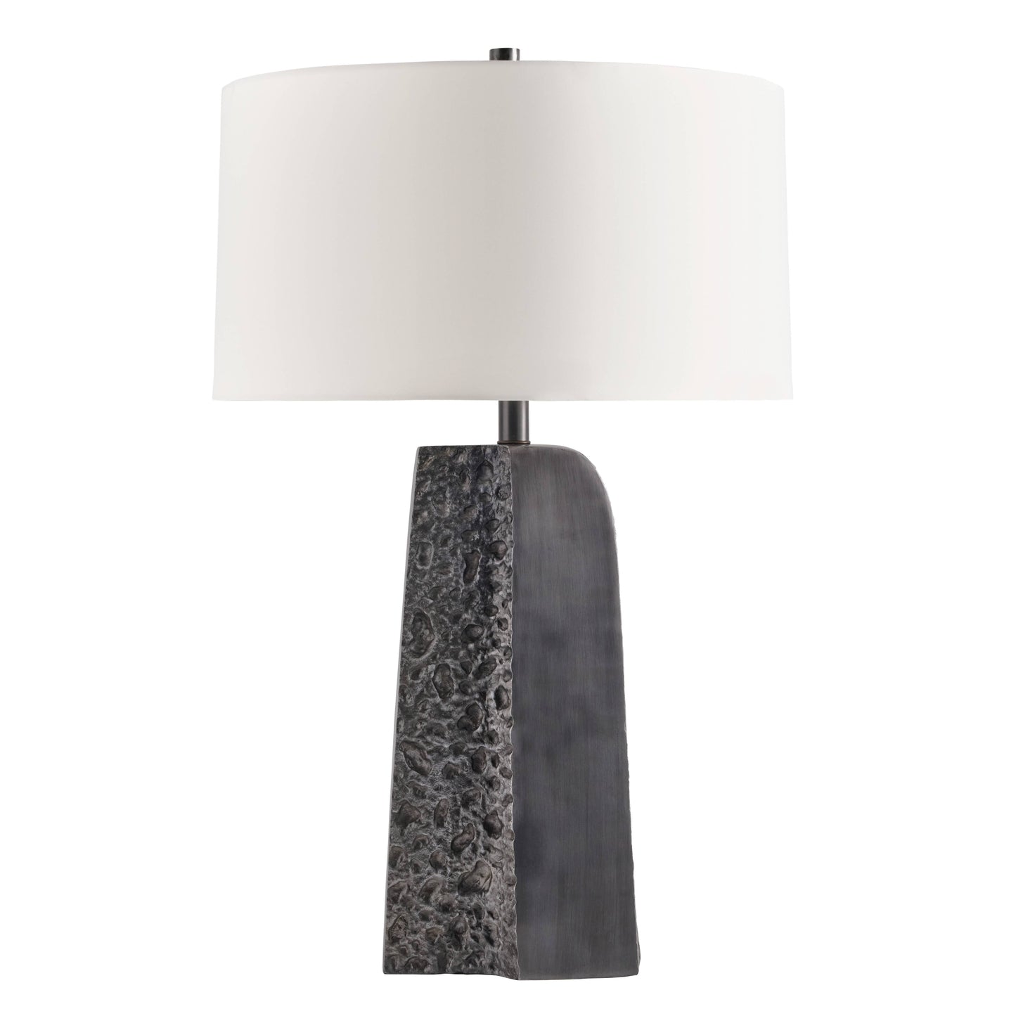 Table lamp with a textured gray base and white shade on a white background