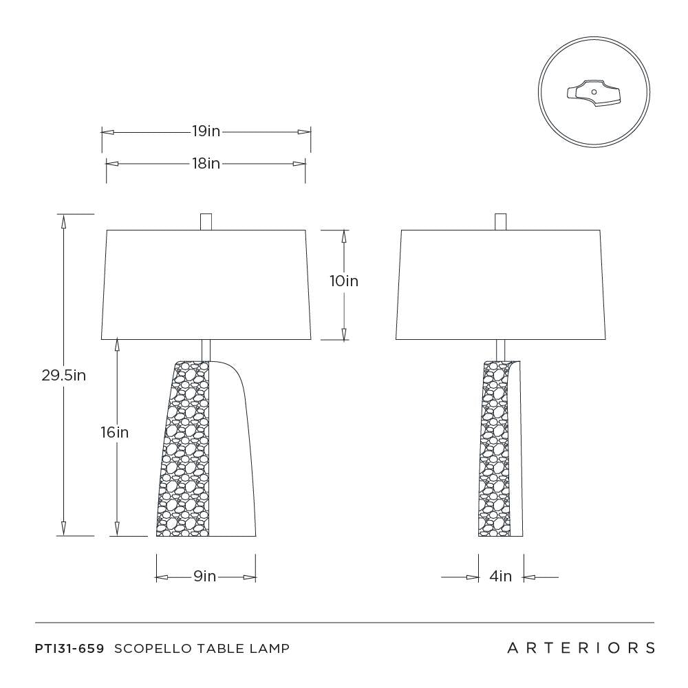 Technical drawing of a Scopello table lamp with dimensions and Arteriors branding.