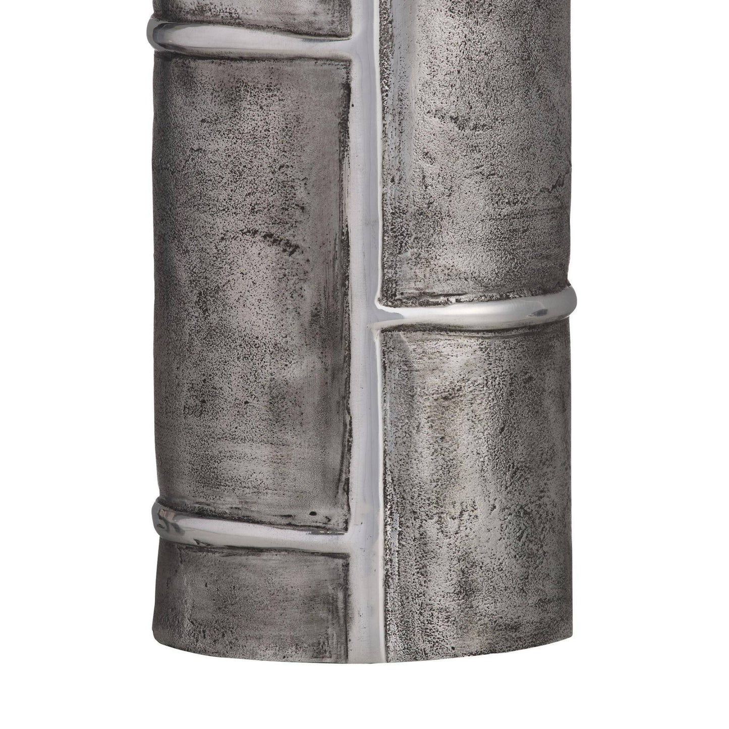 A close-up of a textured gray decorative column or lamp base with a faux stone or brick pattern and horizontal metallic bands, shown against a plain white background.
