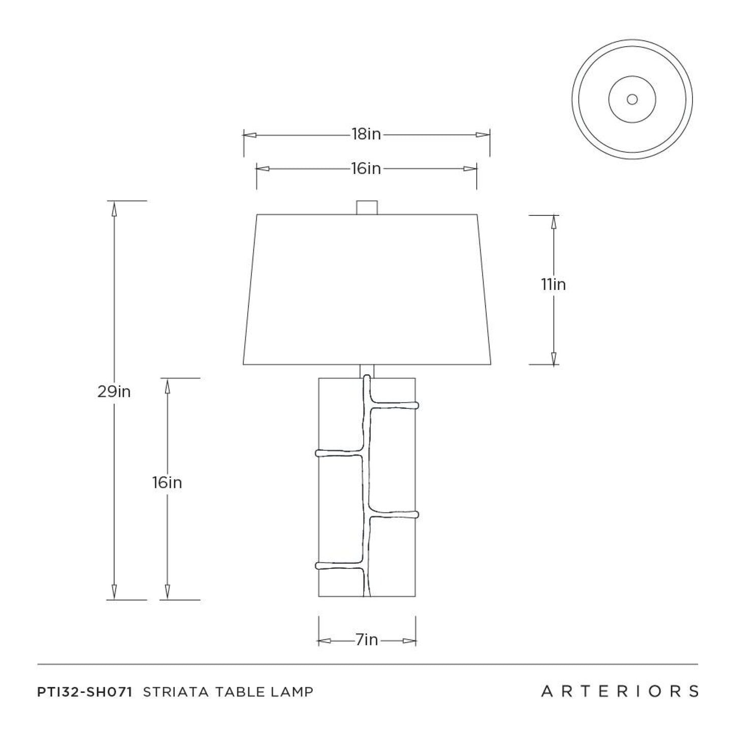 Technical dimension drawing of a table lamp on a white background, showing front, top, and side measurements with labels such as 18 in, 16 in, 11 in, 29 in, 16 in, and 7 in. Brand text 'ARTERIORS' appears at the bottom right.