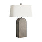 A modern table lamp with a textured gray arched metal base and a large white rectangular fabric shade, shown against a plain white background.
