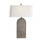 Lamp with a white shade and gray base on a white background