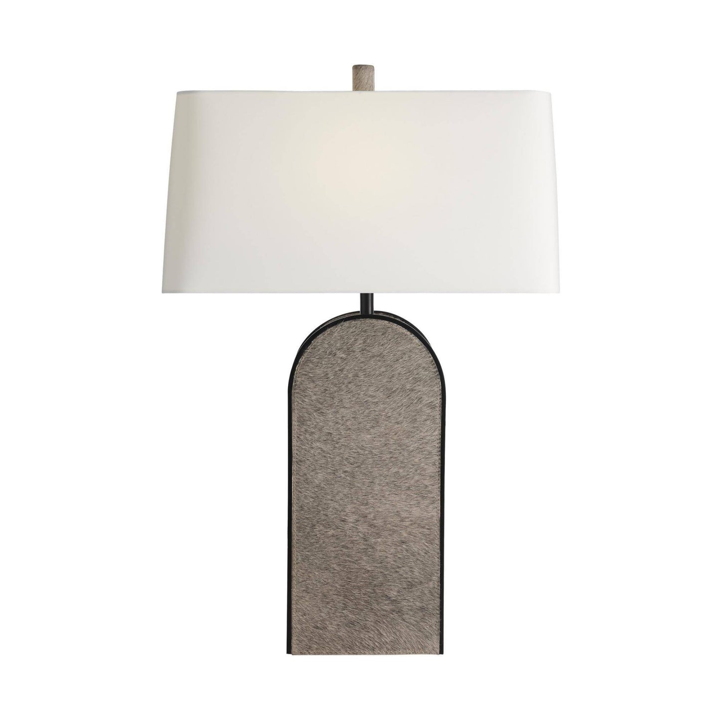Lamp with a white shade and gray base on a white background