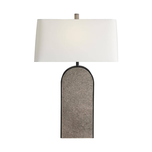 Lamp with a white shade and gray base on a white background