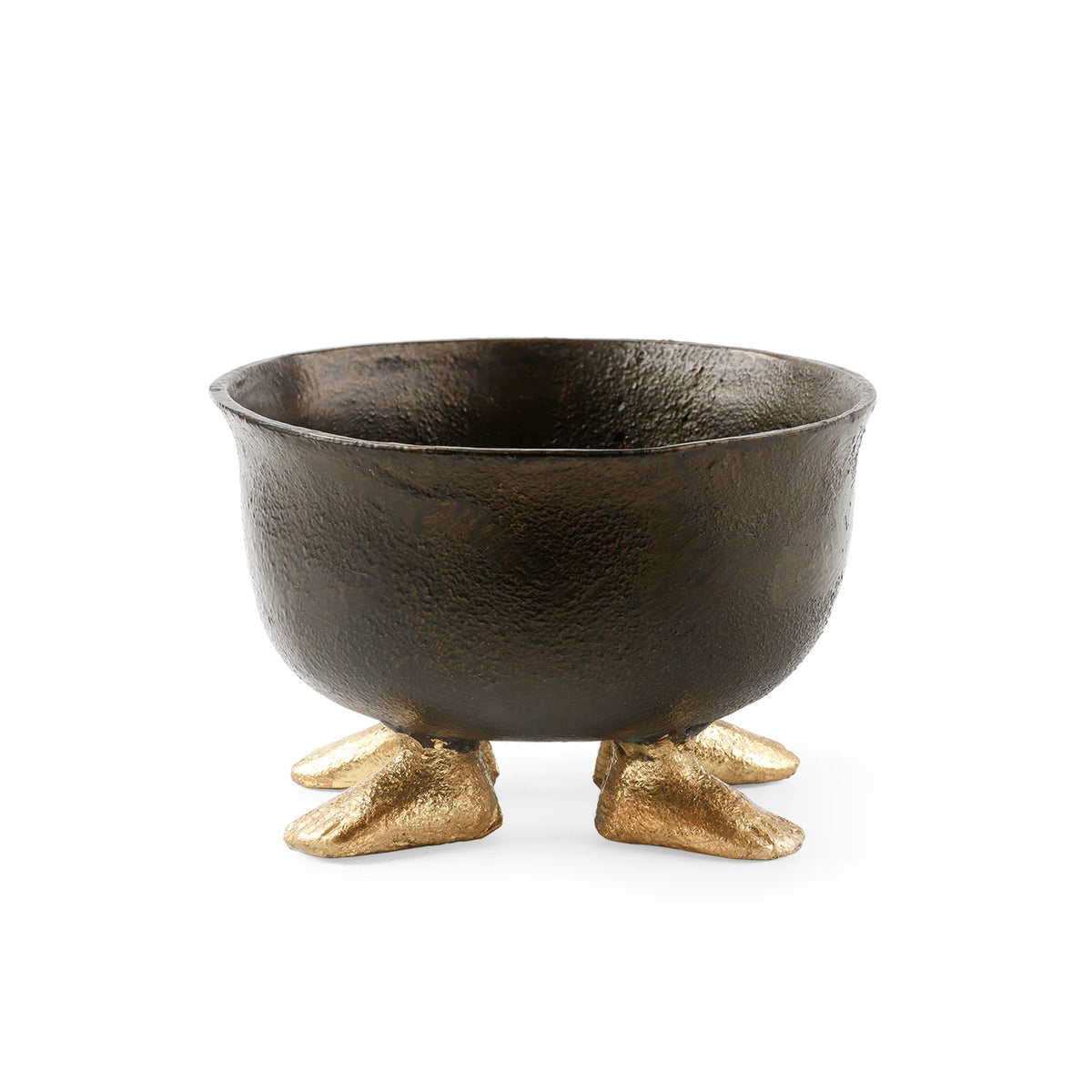 A dark textured bowl with three small gold feet supporting it, shown on a plain white background.