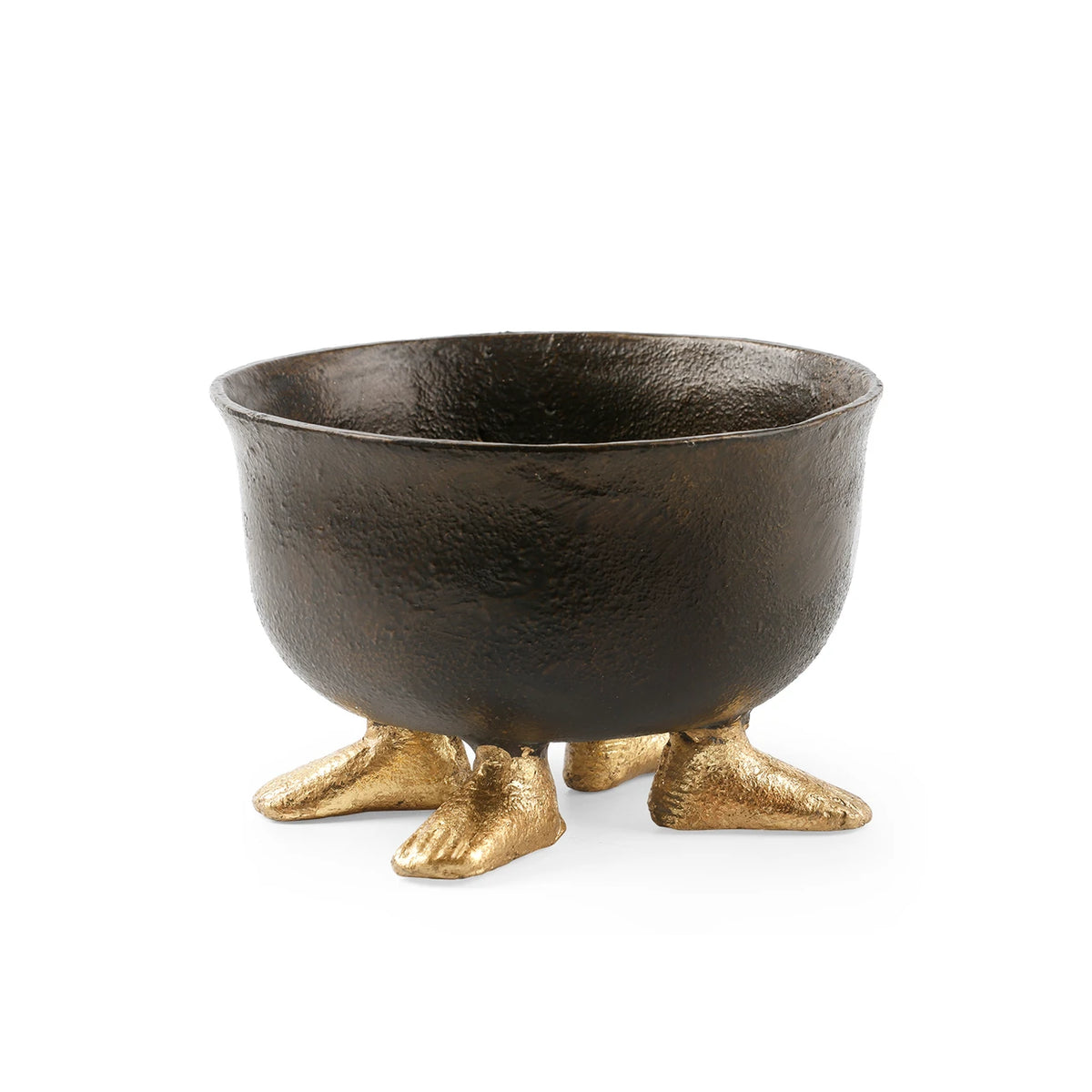 A decorative cast-iron bowl with a textured dark brown finish and three small metallic gold feet, shown on a plain white background.