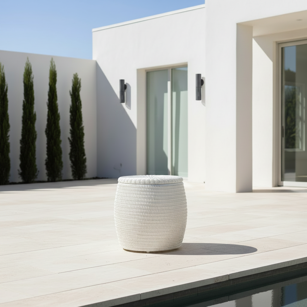 A round, white woven outdoor pouf or small stool sits on a light beige stone patio in front of a modern white building with glass doors and tall dark cypress trees.