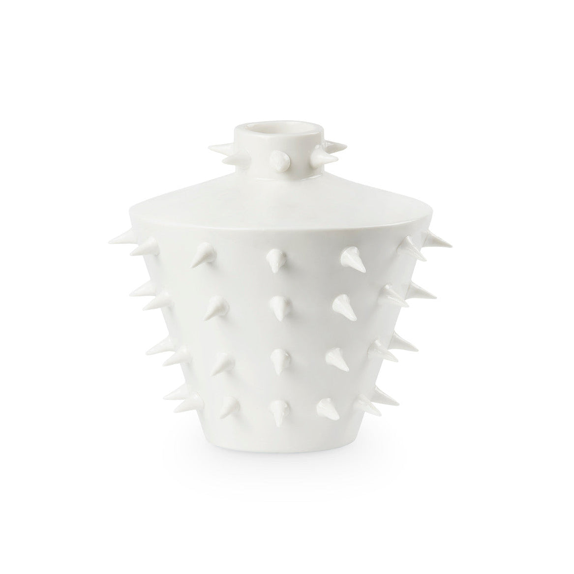 White ceramic vase with spiky texture on a white background