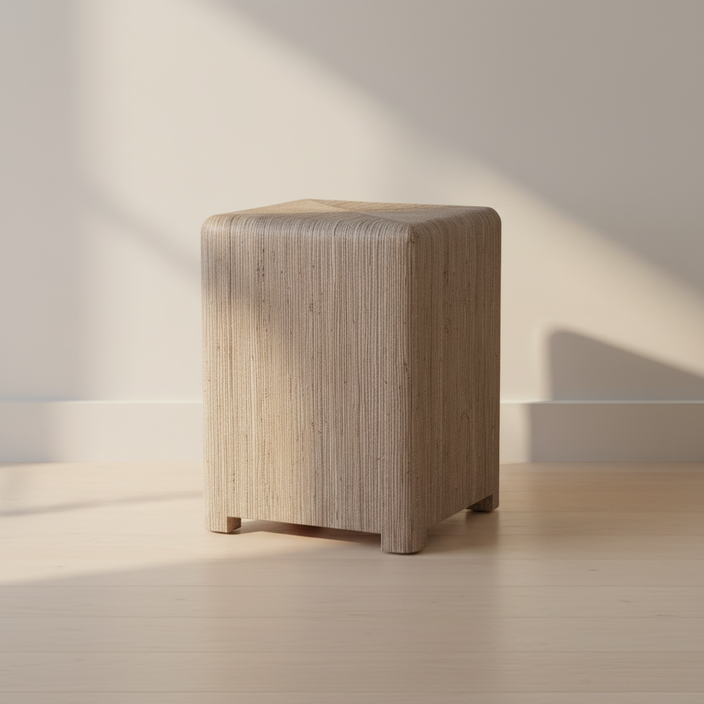 Wooden cube stool on a neutral background