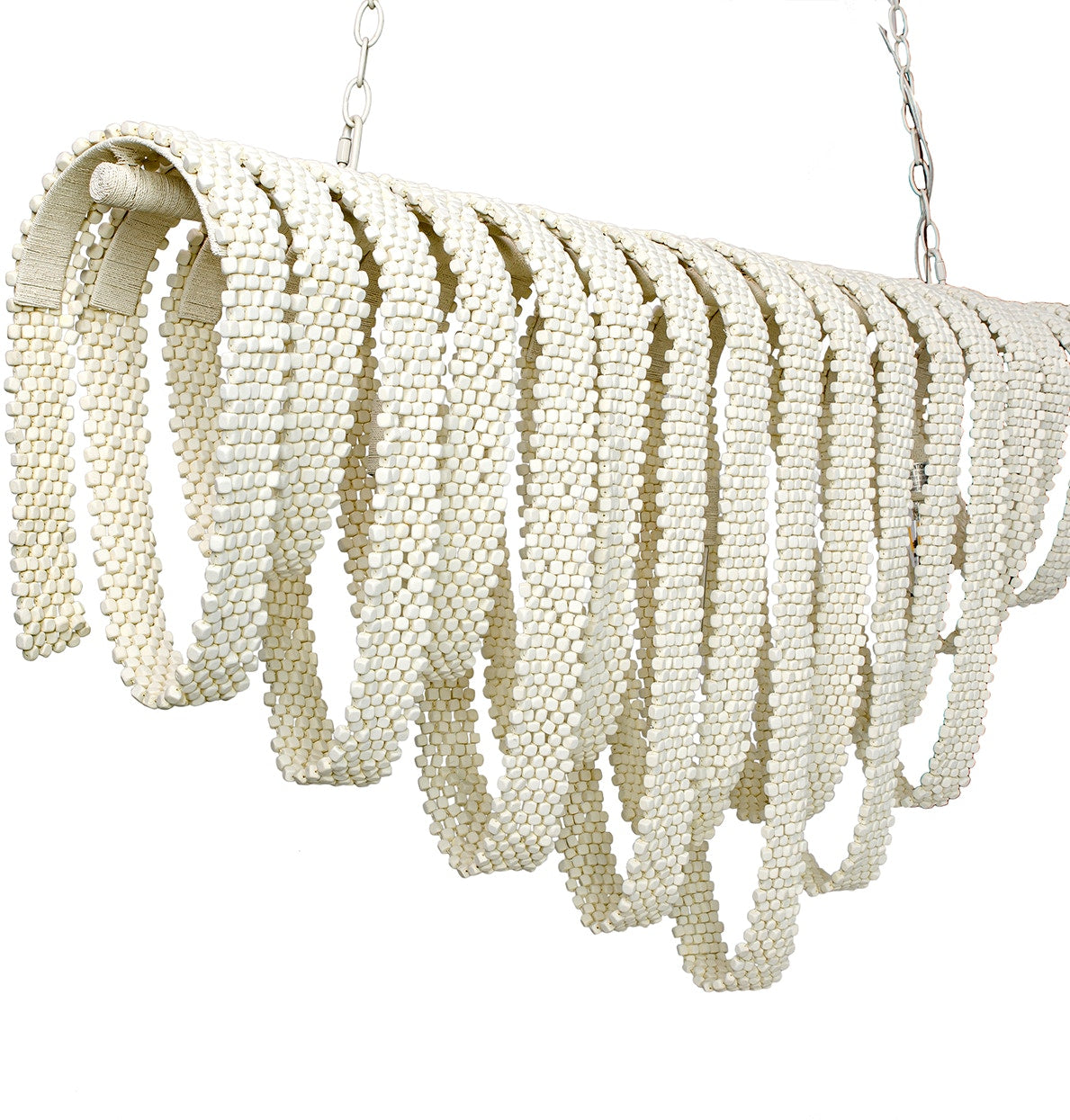 White beaded chandelier with a beige ribbon on a white background
